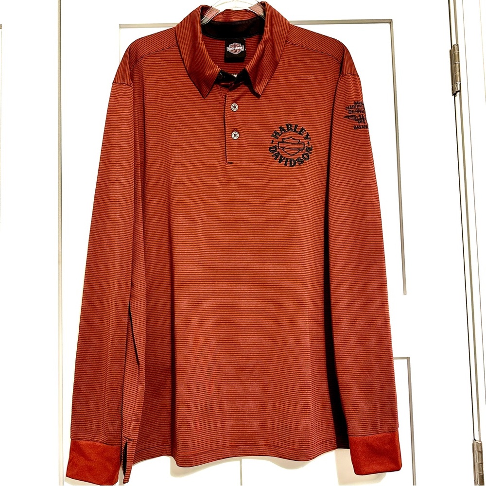 Harley-Davidson Men’s Rust Orange & Black Pinstripe Long Sleeve Polo Shirt • L